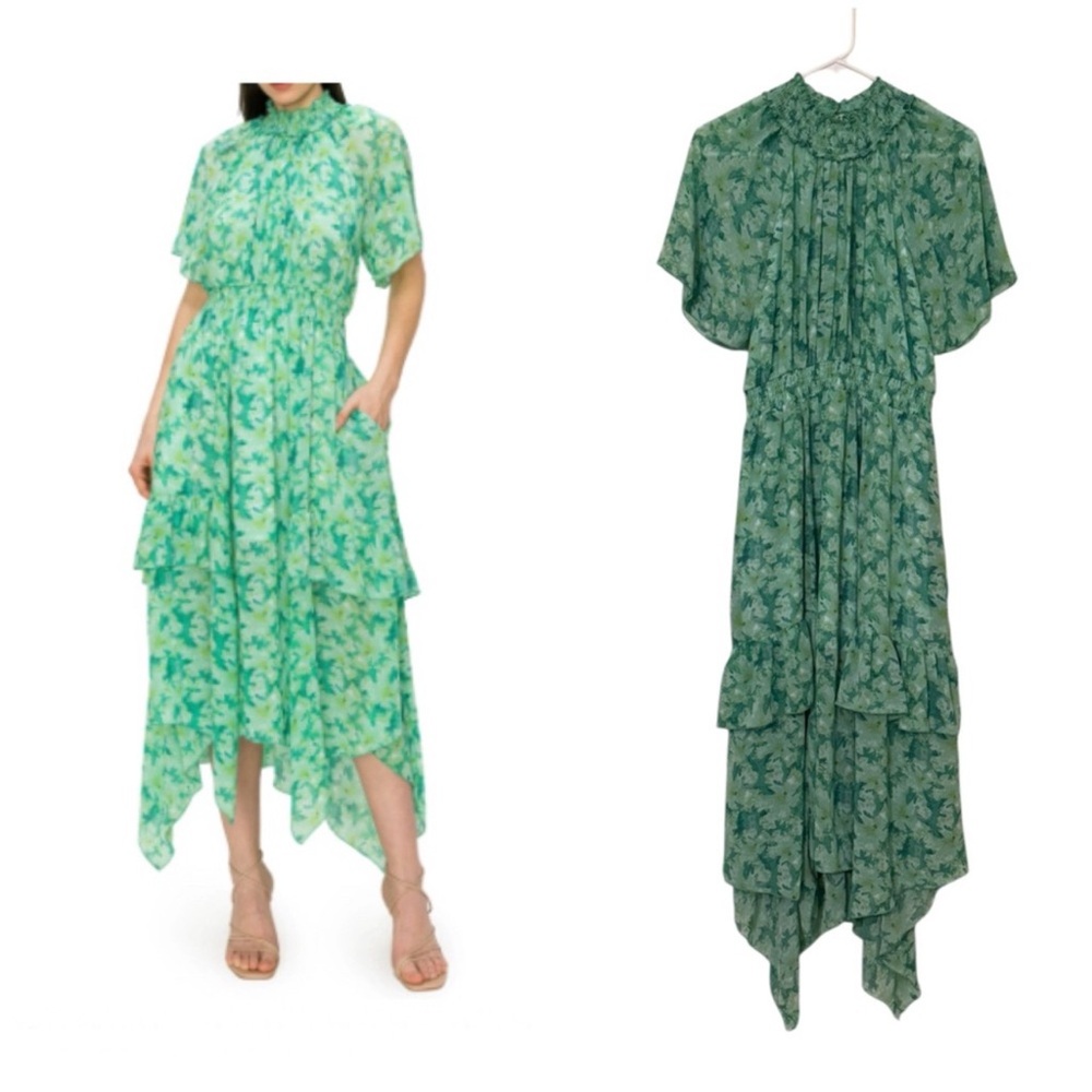 Melloday (Nordstrom) Asymmetrical Floral Dress in Green and Teal